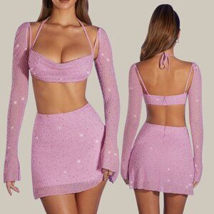Oh Polly Lucerne Crop & Bern Mini Skirt Embellished SET - Pink - Size 4